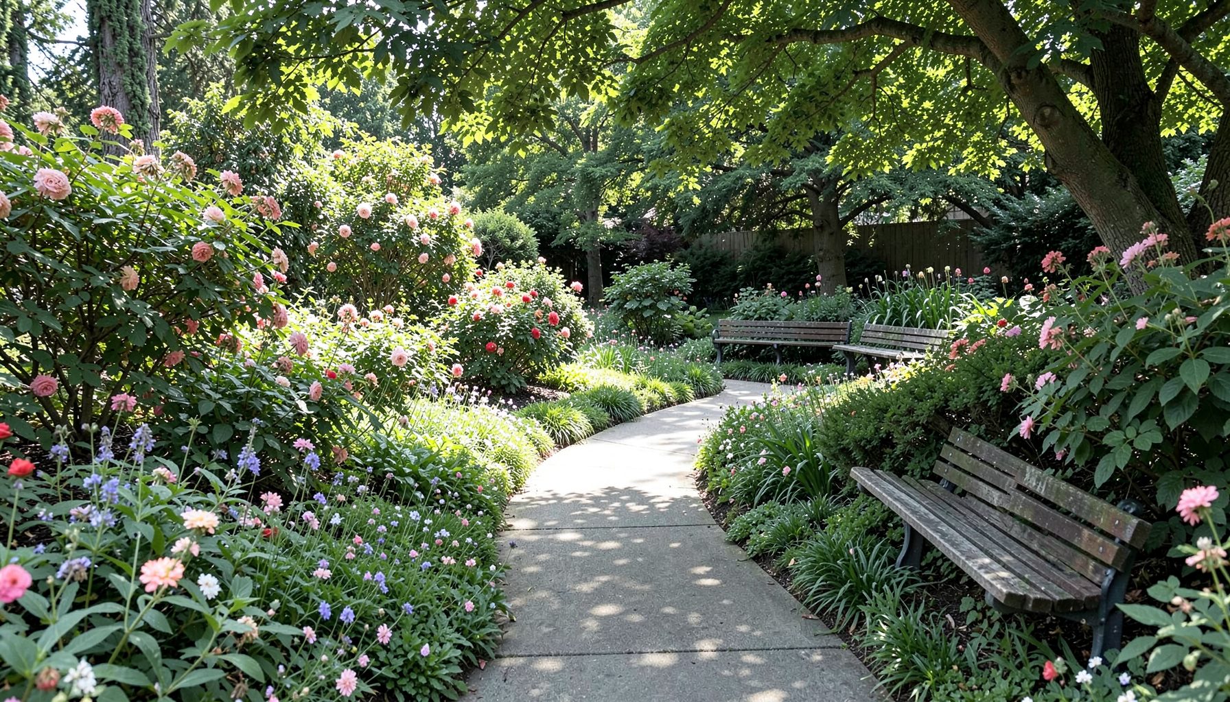 A landscaped communal garden with flowering shrubs, a winding footpath, and benches under dappled shade