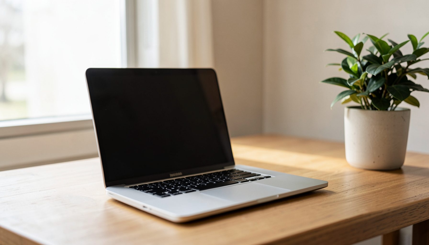 A modern digital workspace with a laptop on a wooden desk, soft natural light from a window, and a potted green plant