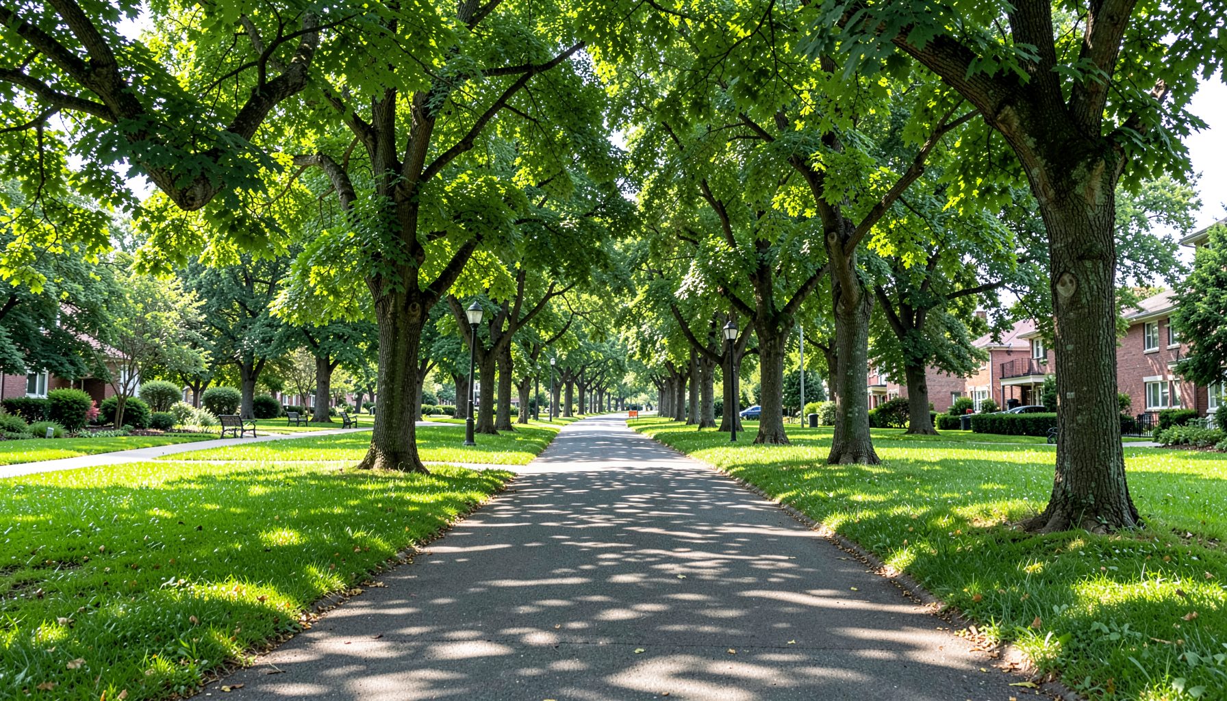 A serene tree-lined pathway in a green residential park, with dappled sunlight filtering through a canopy of leaves