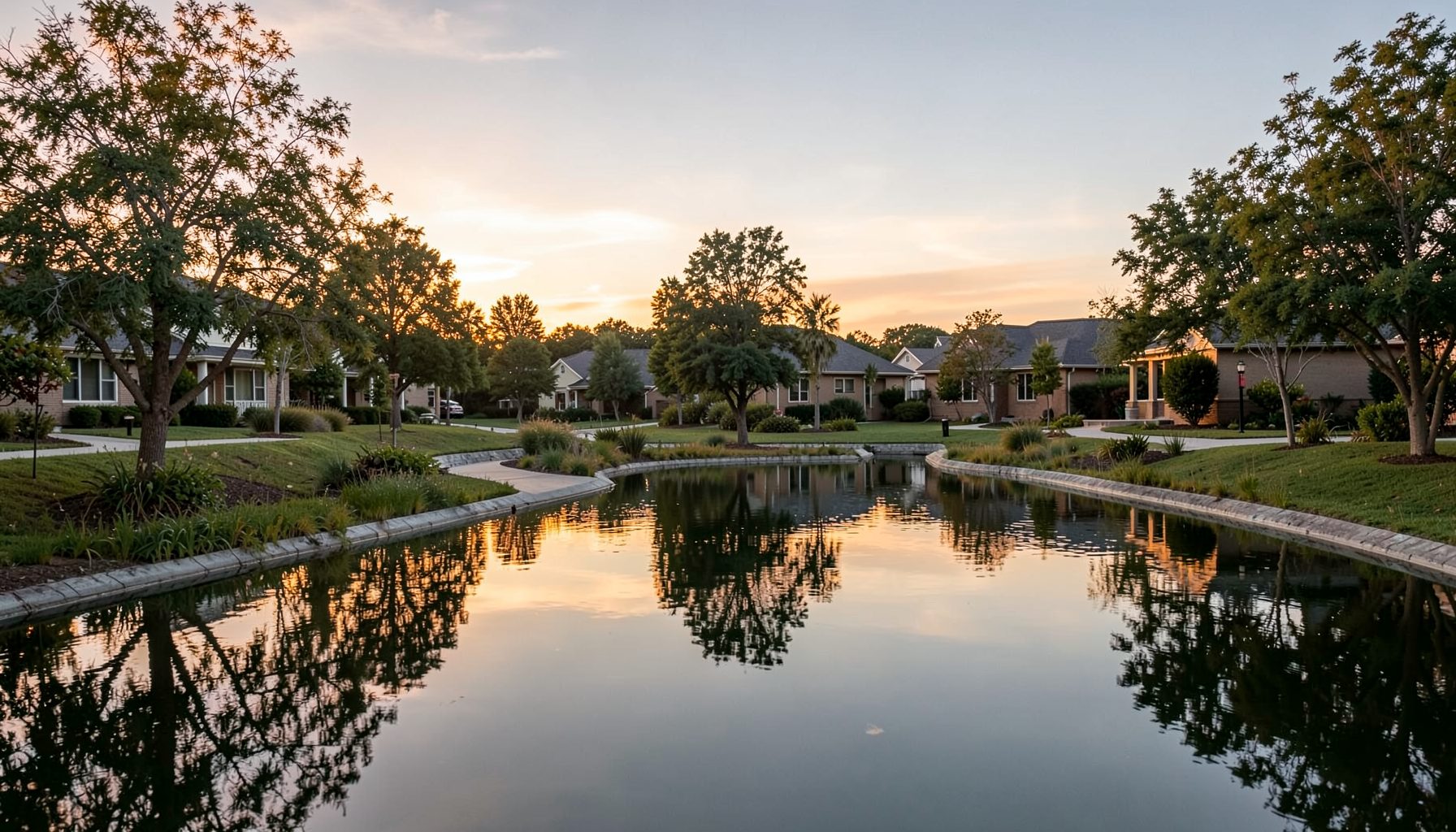 A tranquil residential landscape at dusk with reflective water features, native trees, and warm golden light across a planned community