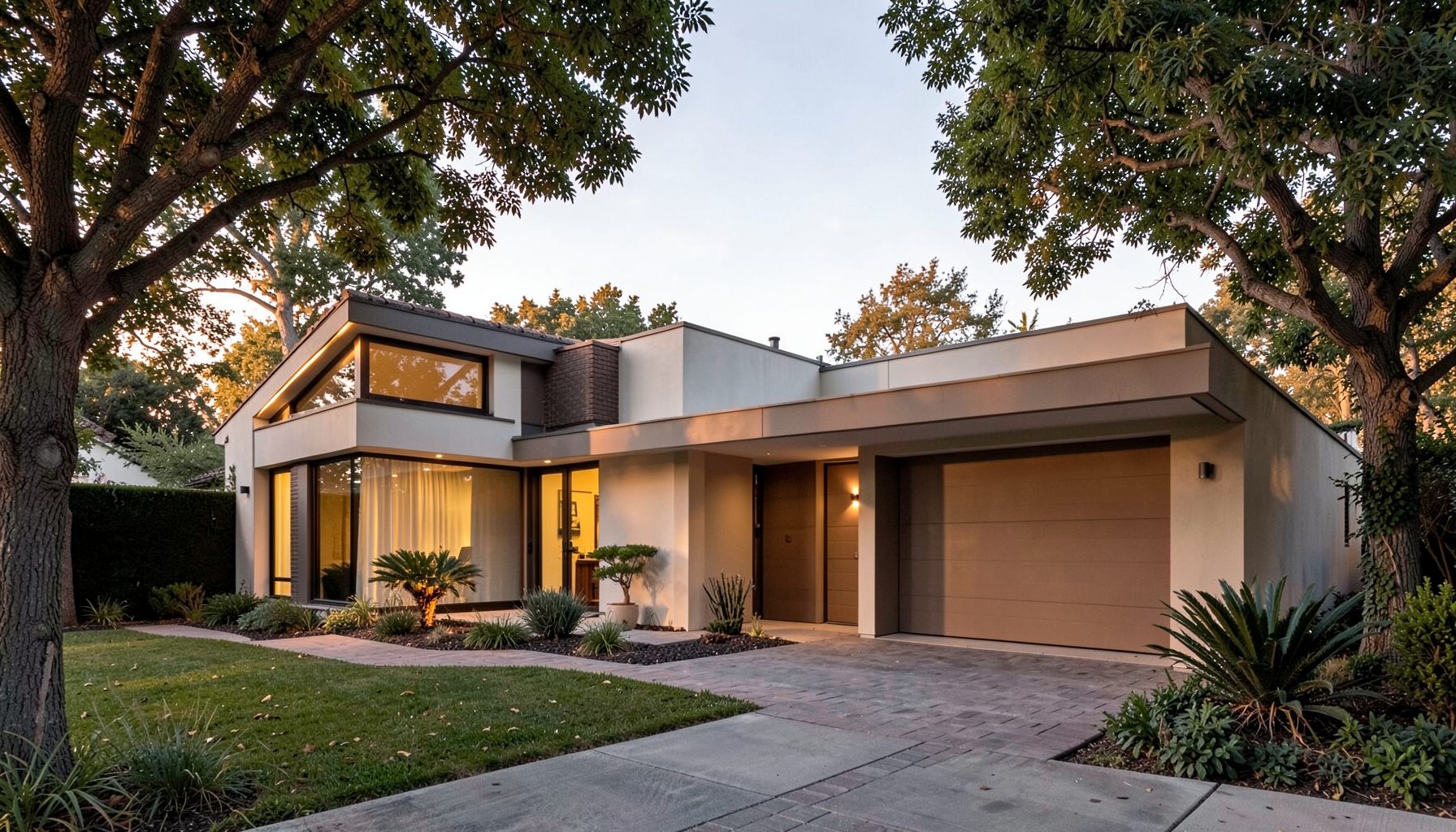 A warm and inviting residential exterior with clean architectural lines, surrounded by mature trees and soft evening light