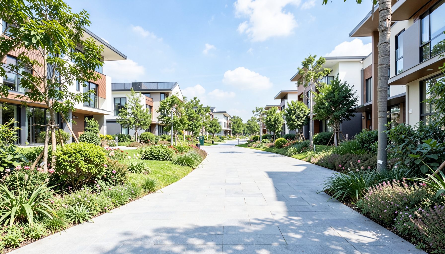 Modern residential community with landscaped greenery, wide pathways, and contemporary homes under a bright sky